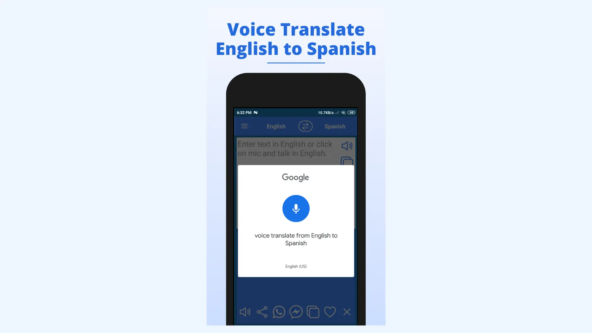 English to Spanish Translatorアプリのインターフェース。Googleの音声認識ポップアップを表示。